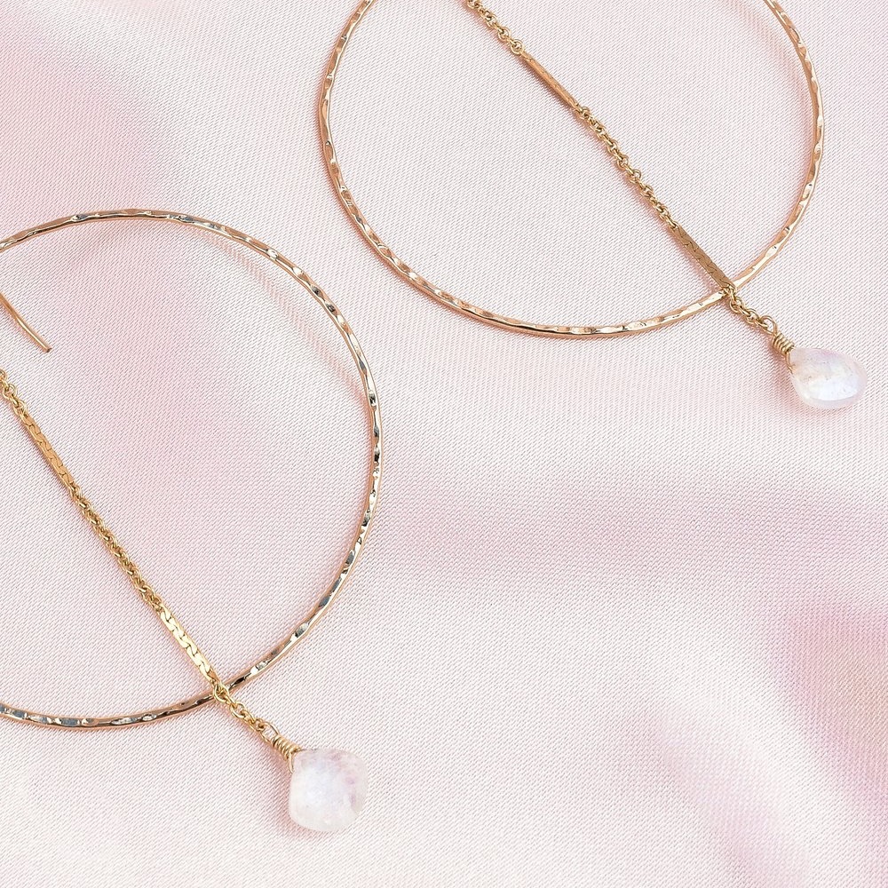 🌙14K Gold Filled Handmade Dainty Textured Hoops &Chain Drop & Moonstone Charms - Picture 2 of 3